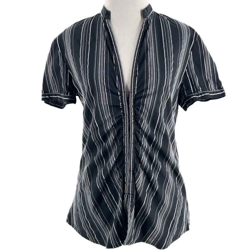 New York & Company stretch striped blouse size 10 black white ruched v-neck 90s